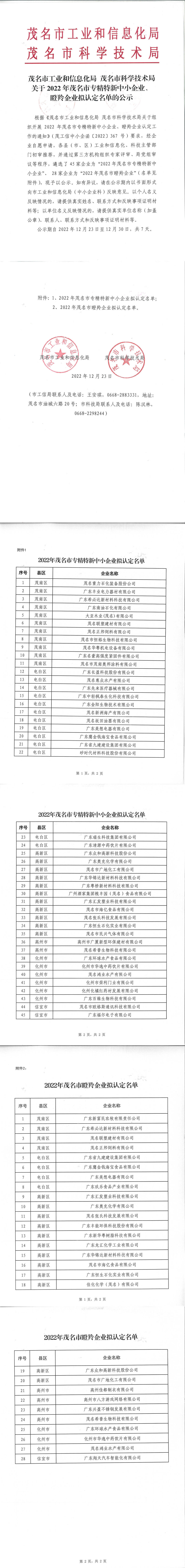 茂名市2022年專精特新中小企業(yè)、瞪羚企業(yè)擬認(rèn)定名單的公示