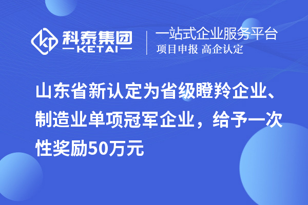 山東省新認(rèn)定為省級瞪羚企業(yè)、制造業(yè)單項(xiàng)冠軍企業(yè)，給予一次性獎(jiǎng)勵(lì) 50 萬元